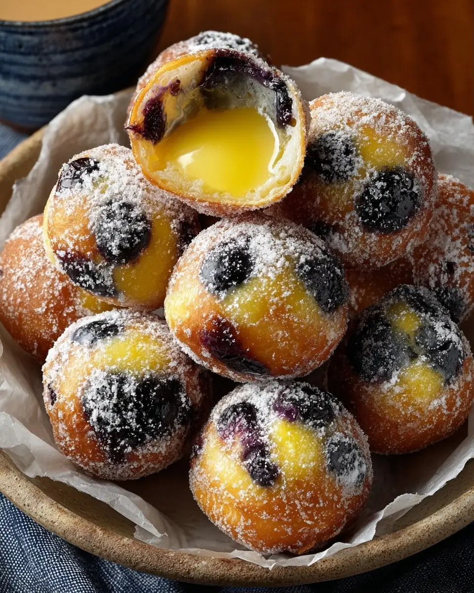 A delicious plate of Blueberry Cake Donut Holes with Citrus Glaze & Lemon Curd Filling