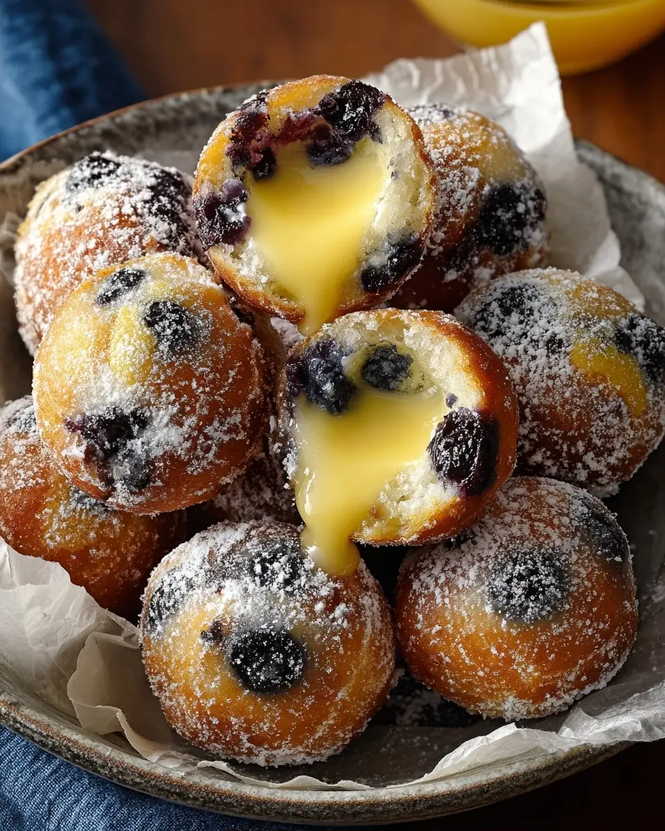 A delicious plate of Blueberry Cake Donut Holes with Citrus Glaze & Lemon Curd Filling
