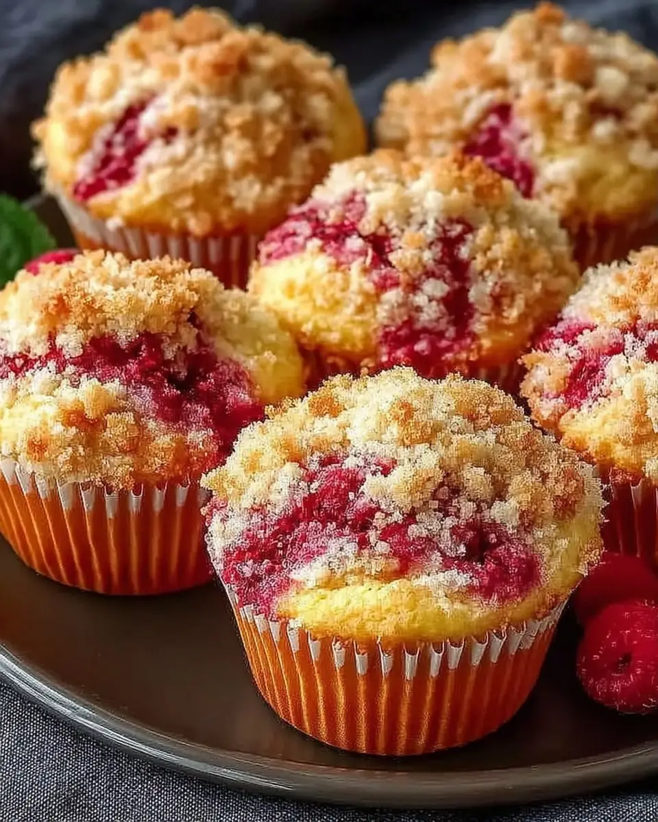 A delicious plate of Buttermilk Raspberry Muffins with Streusel and Homemade Berry Swirl