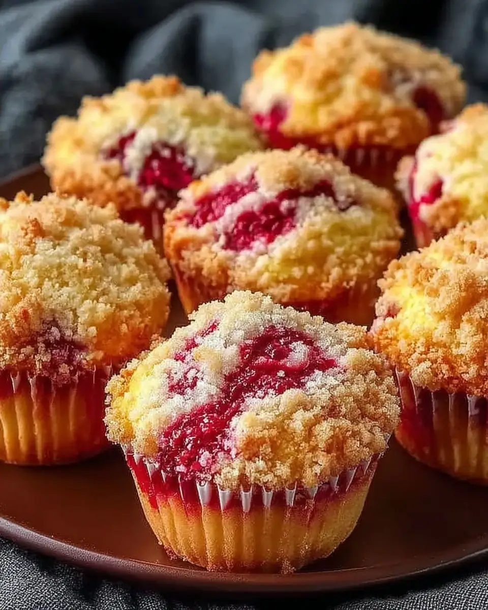 A delicious plate of Buttermilk Raspberry Muffins with Streusel and Homemade Berry Swirl