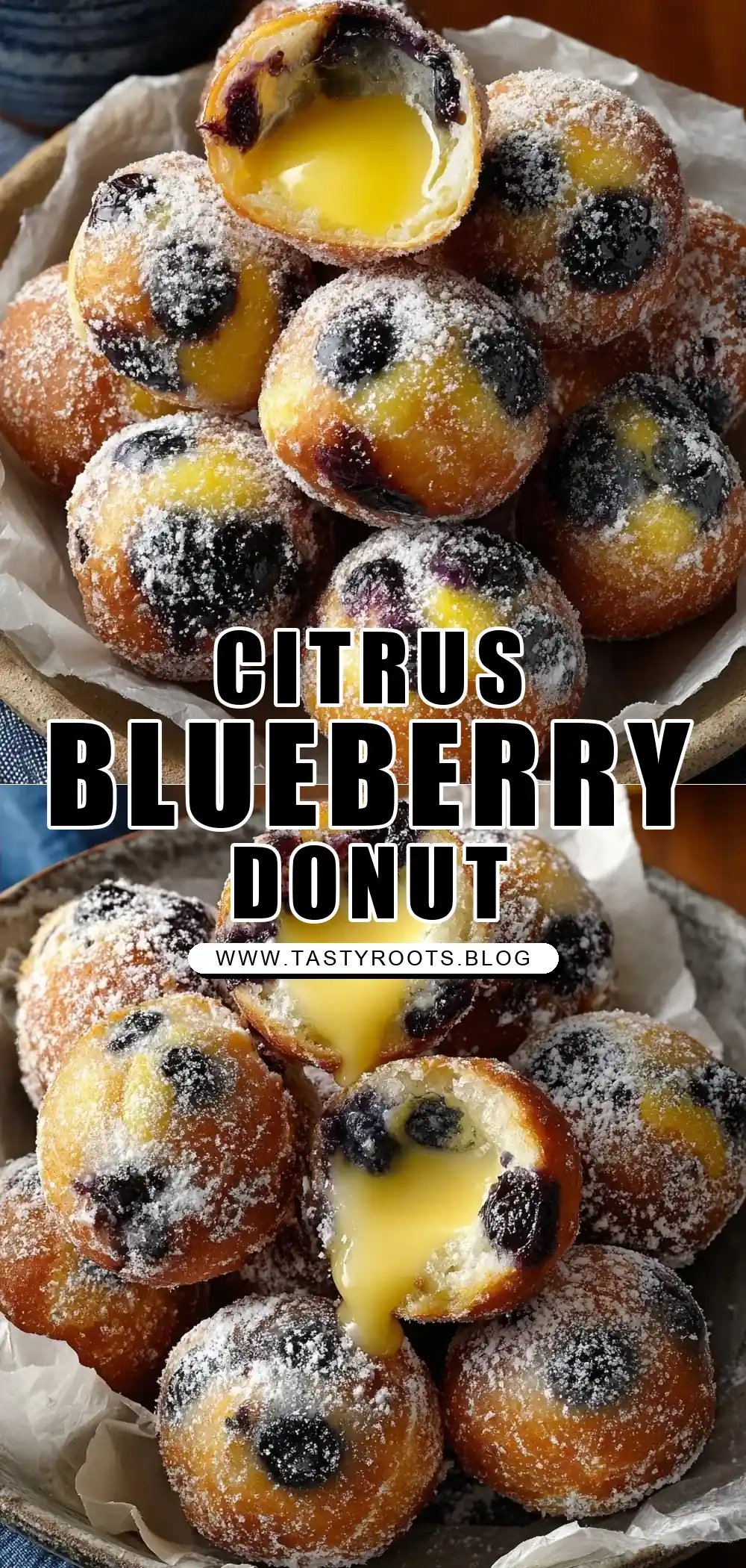 Blueberry Cake Donut Holes with Citrus Glaze & Lemon Curd Filling