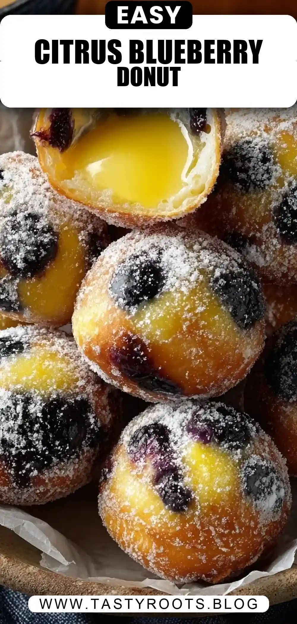 Blueberry Cake Donut Holes with Citrus Glaze & Lemon Curd Filling