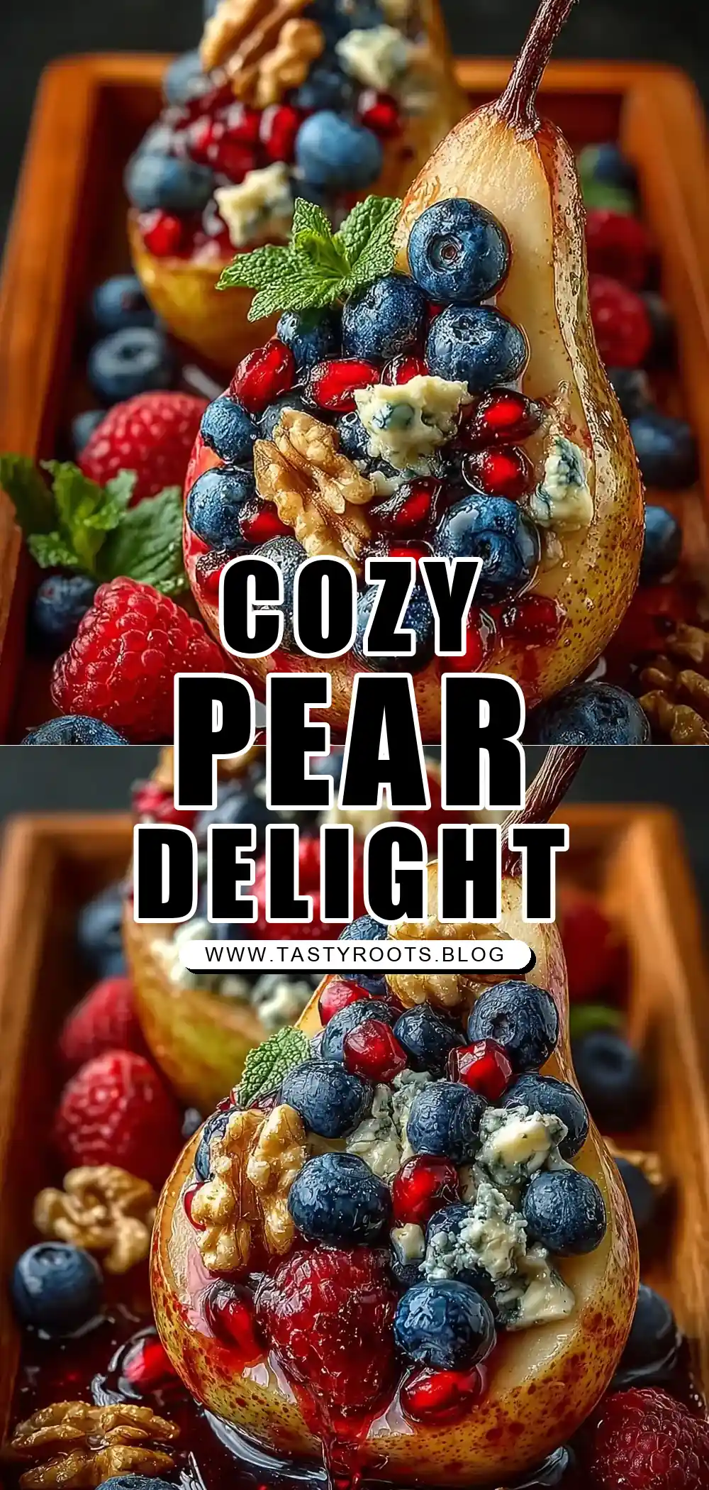 Warm Baked Pear with Berries, Walnuts & Blue Cheese – A Cozy, Flavor-Rich Delight