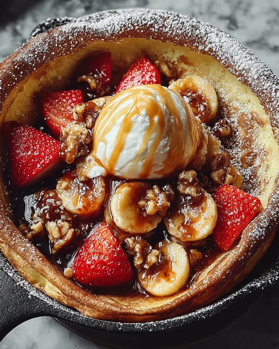 A delicious plate of Dutch Baby Pancake With Caramelized Bananas and Strawberries