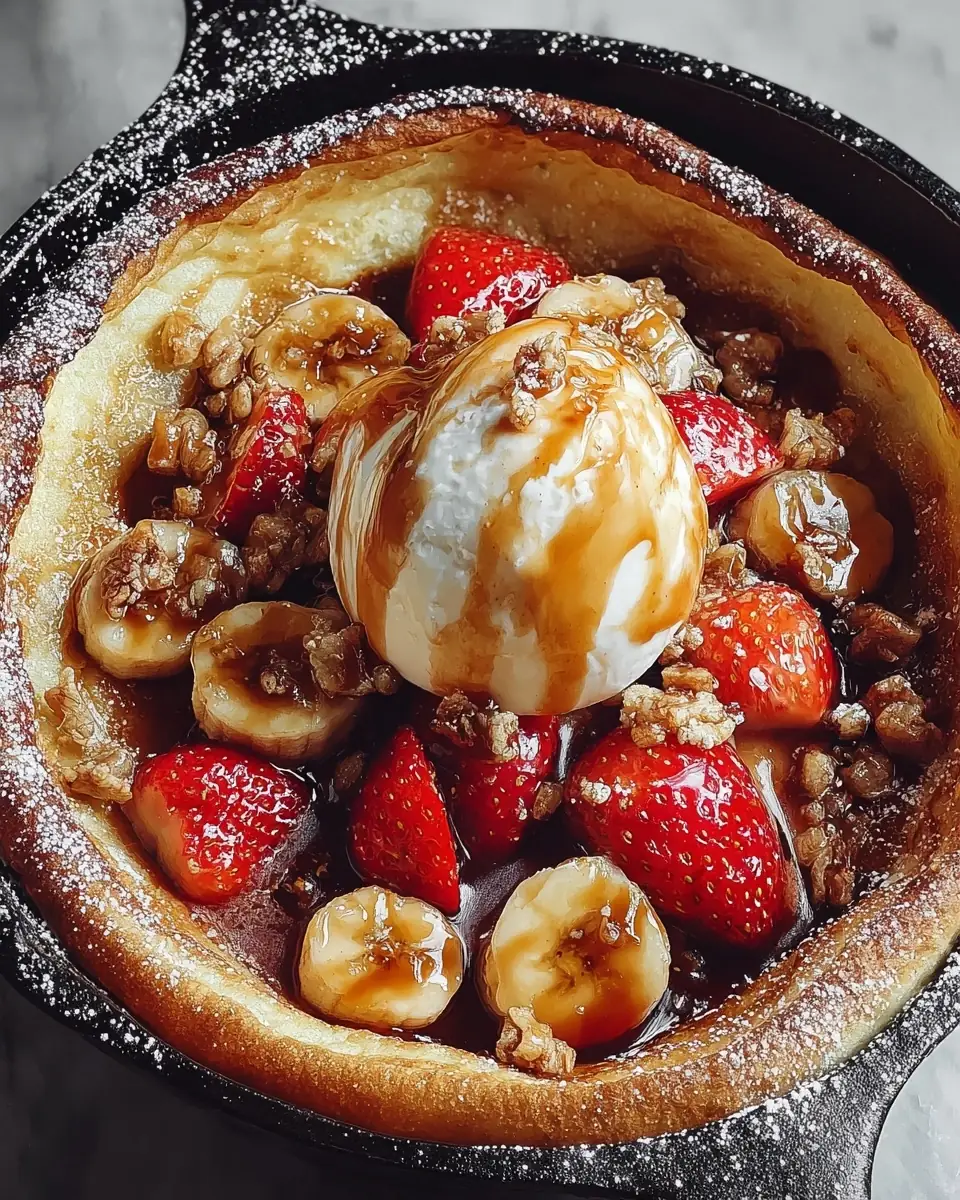 A delicious plate of Dutch Baby Pancake With Caramelized Bananas and Strawberries