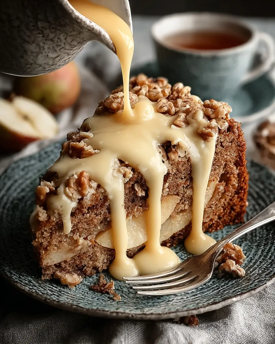 A delicious plate of Easy Spiced Apple Cake with Walnuts and Vanilla Custard
