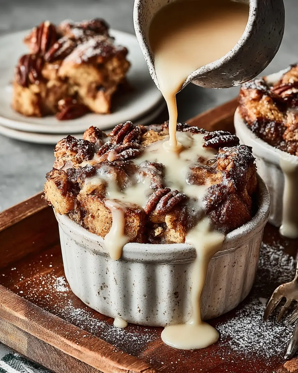 A delicious plate of Espresso Orange Brioche Bread Pudding with Hazelnut Vanilla Sauce