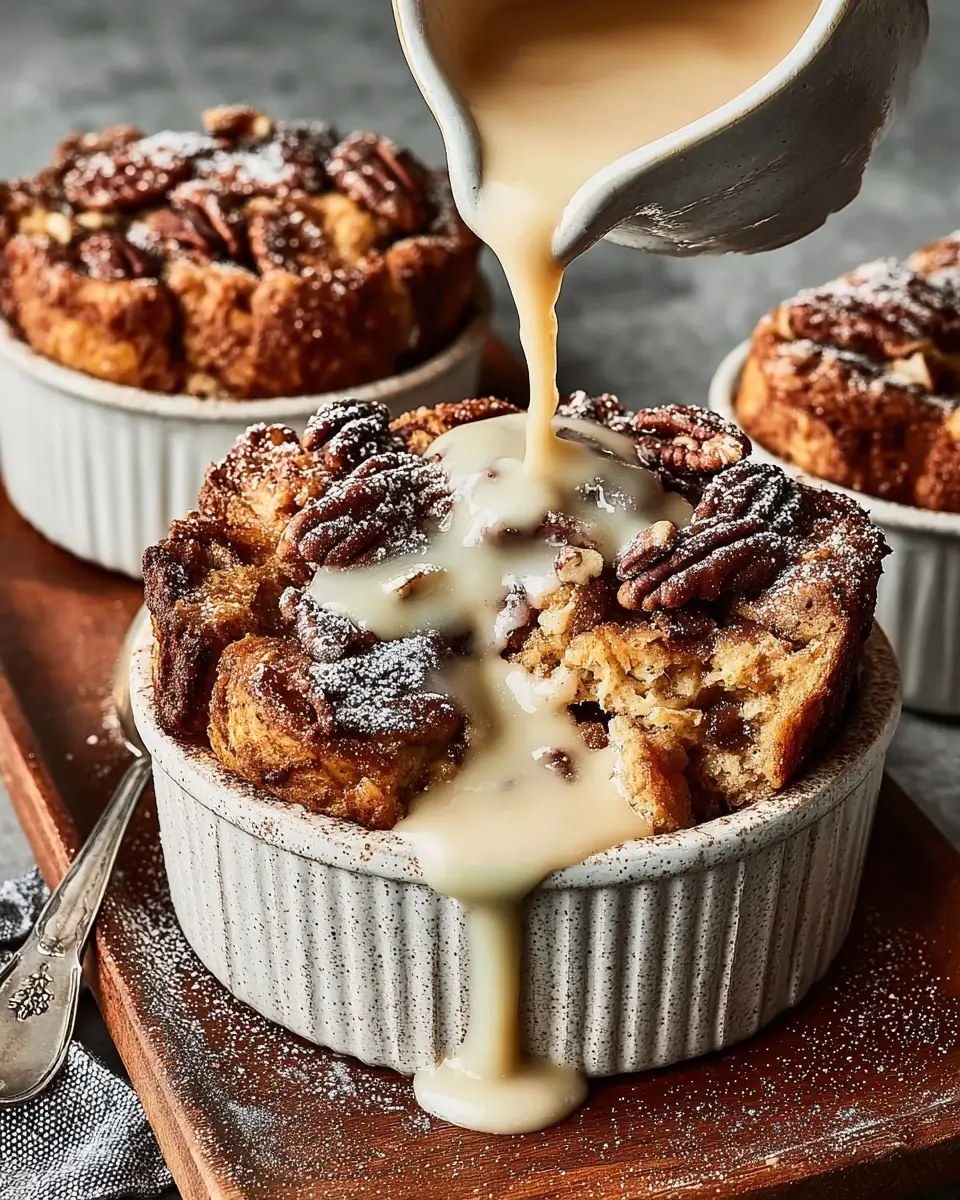 A delicious plate of Espresso Orange Brioche Bread Pudding with Hazelnut Vanilla Sauce