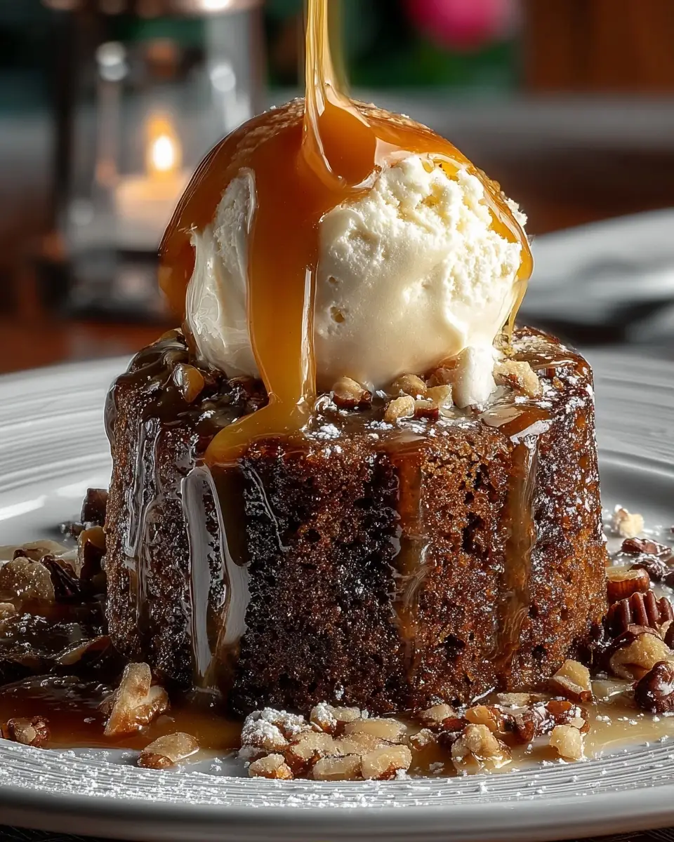 A delicious plate of Gingerbread Sticky Toffee Pudding with Apples & Toasted Nuts