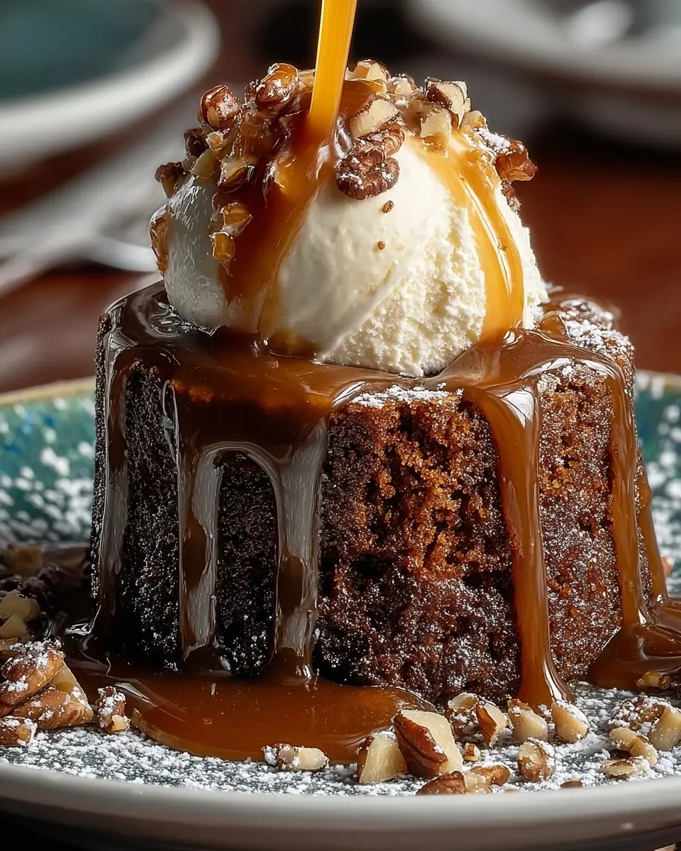A delicious plate of Gingerbread Sticky Toffee Pudding with Apples & Toasted Nuts