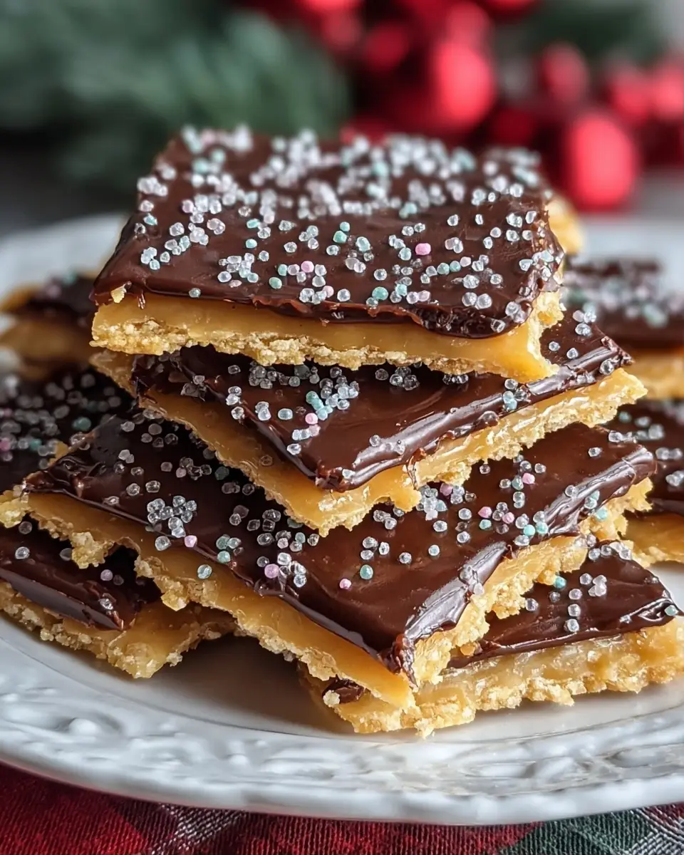 A delicious plate of Irresistible Saltine Toffee with Chocolate Topping