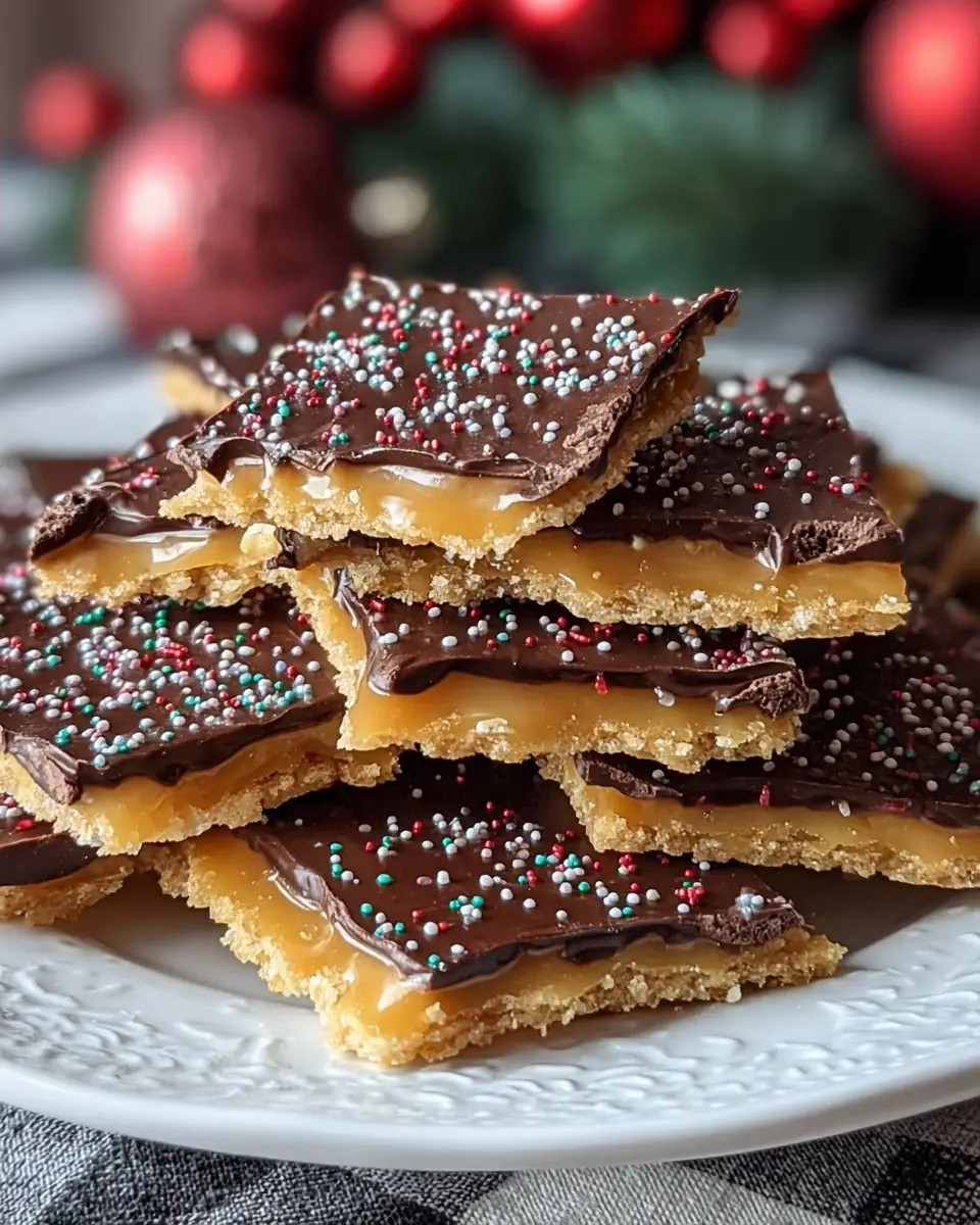 A delicious plate of Irresistible Saltine Toffee with Chocolate Topping