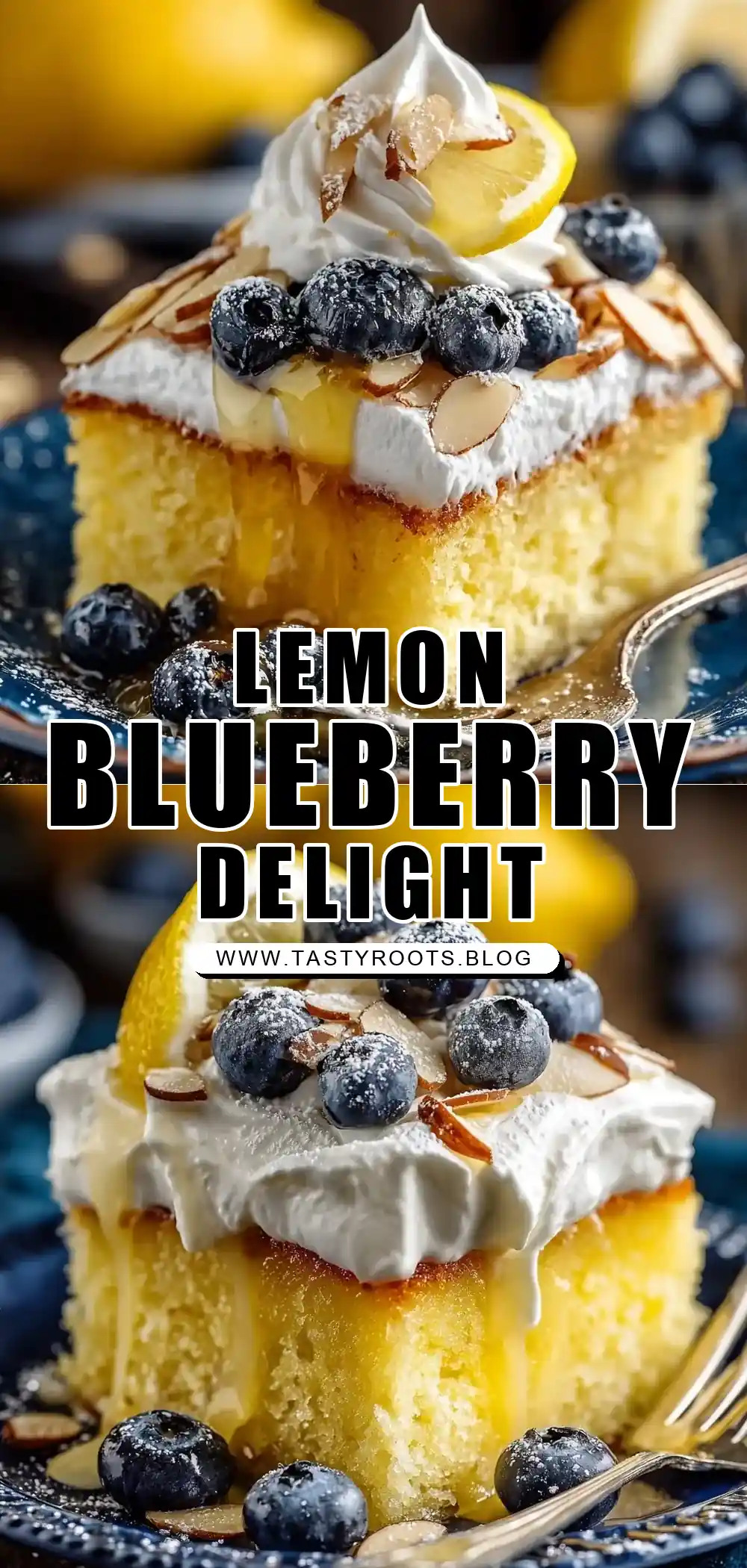 Lemon Blueberry Poke Cake with Almond Topping