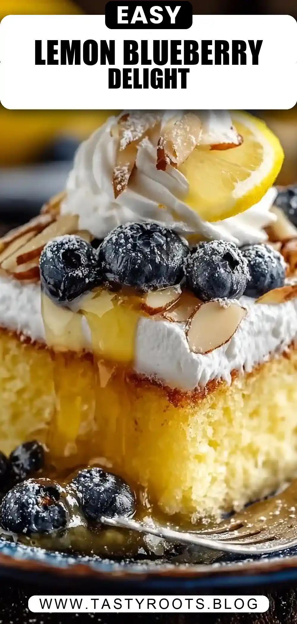 Lemon Blueberry Poke Cake with Almond Topping