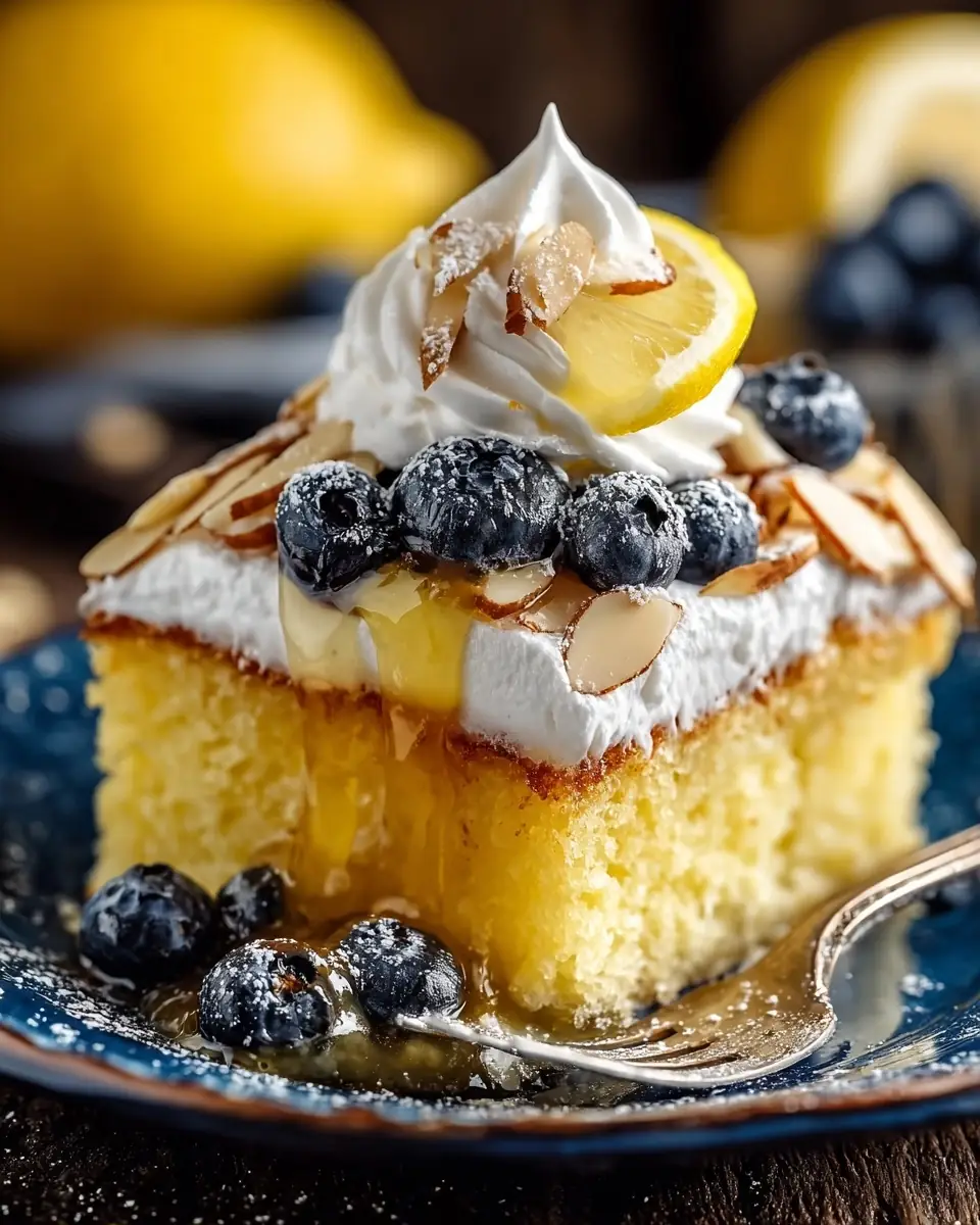Lemon Blueberry Poke Cake with Almond Topping