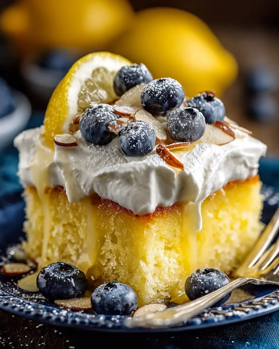 A delicious plate of Lemon Blueberry Poke Cake with Almond Topping