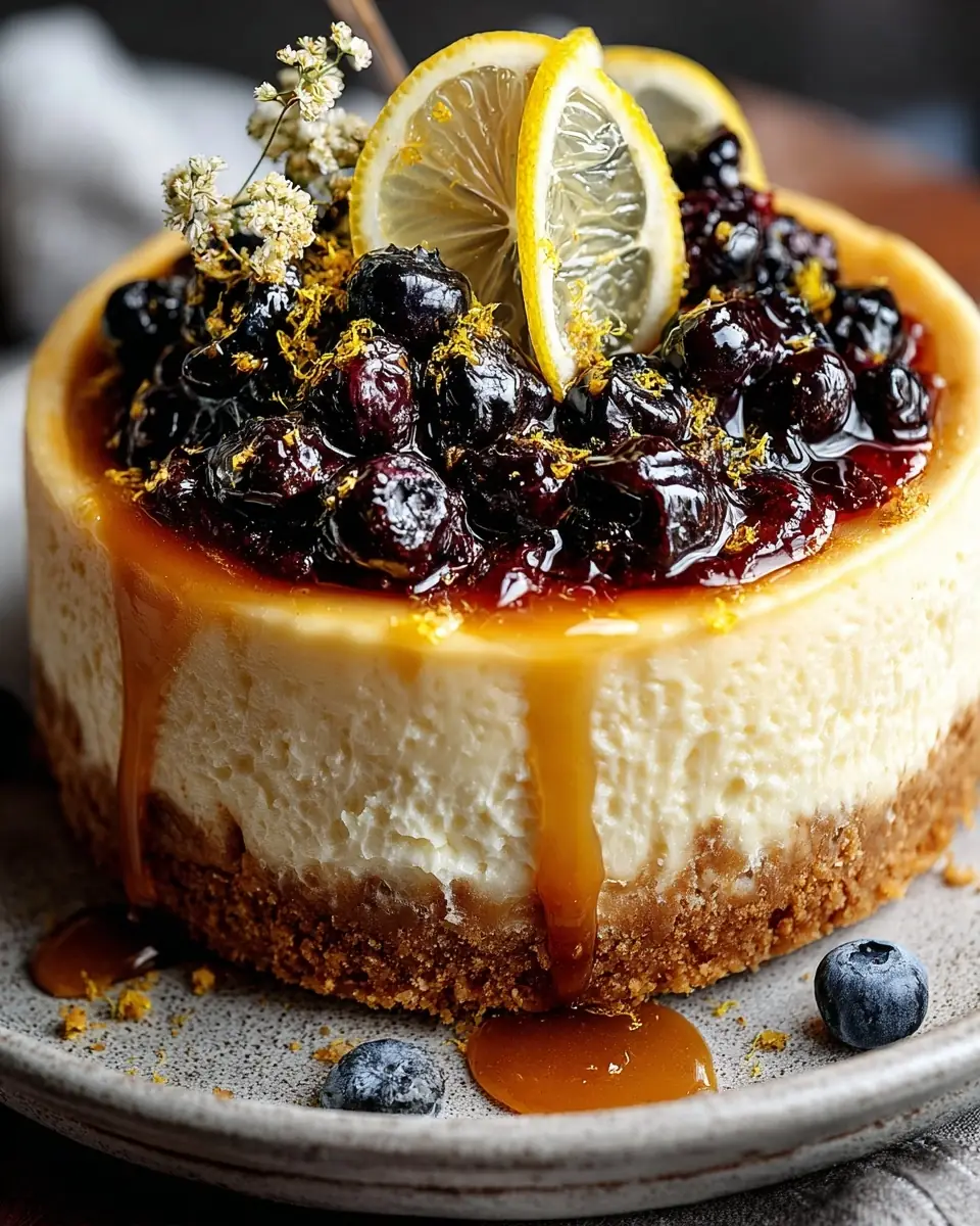 A delicious plate of Lemon Blueberry Ricotta Cheesecake with Extra Lemon Zest & Vanilla Wafer Crust