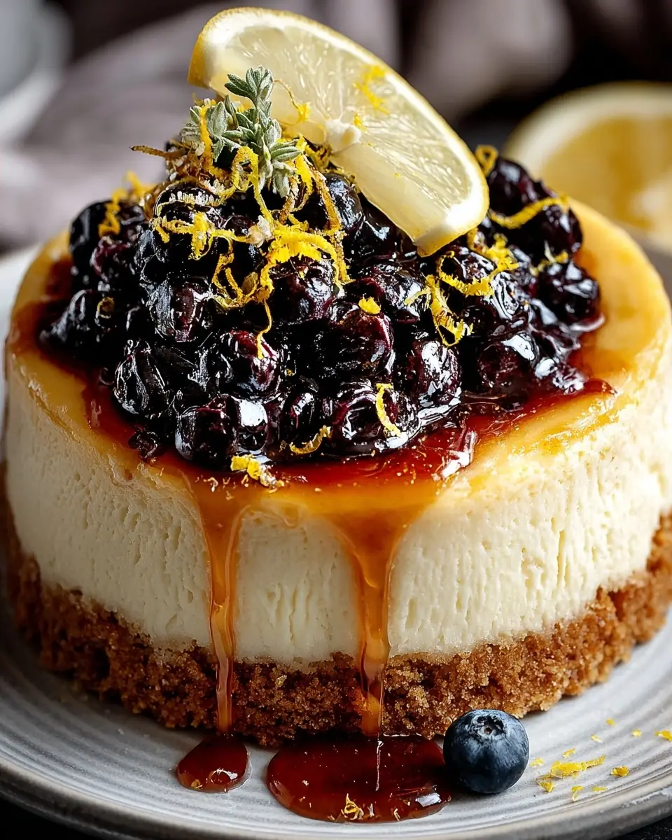 A delicious plate of Lemon Blueberry Ricotta Cheesecake with Extra Lemon Zest & Vanilla Wafer Crust
