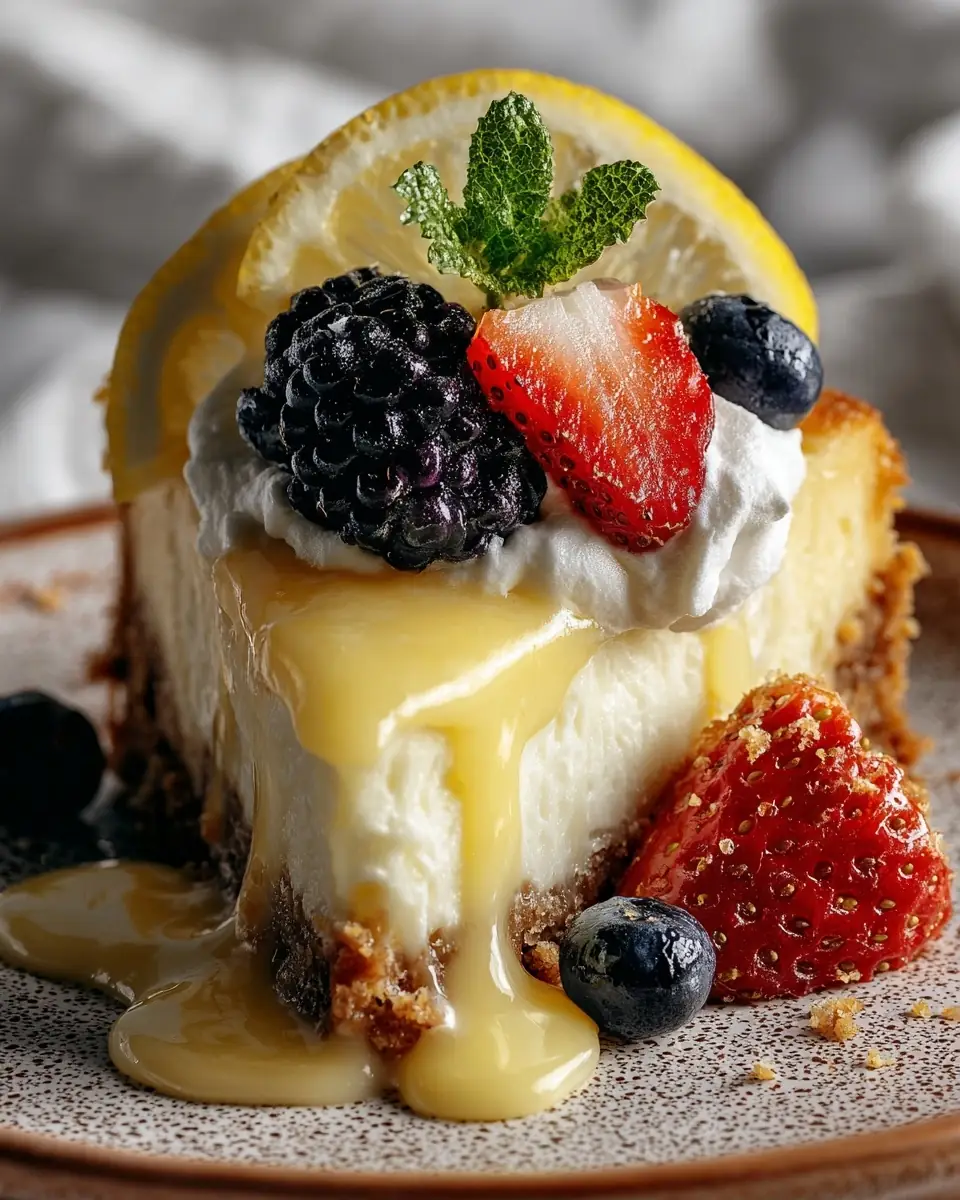A delicious plate of Lemon Curd Cheesecake with Nutty Crust & Fresh Berries