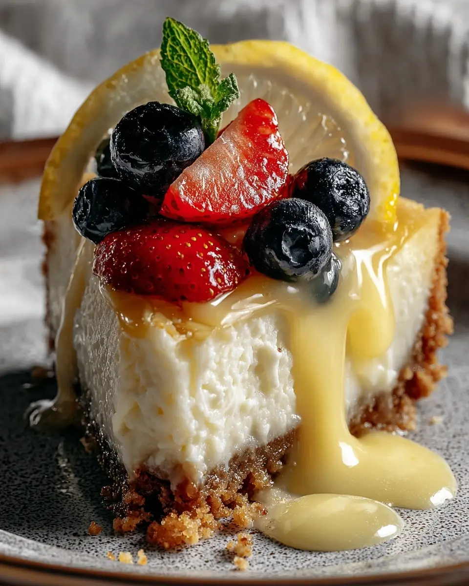 A delicious plate of Lemon Curd Cheesecake with Nutty Crust & Fresh Berries