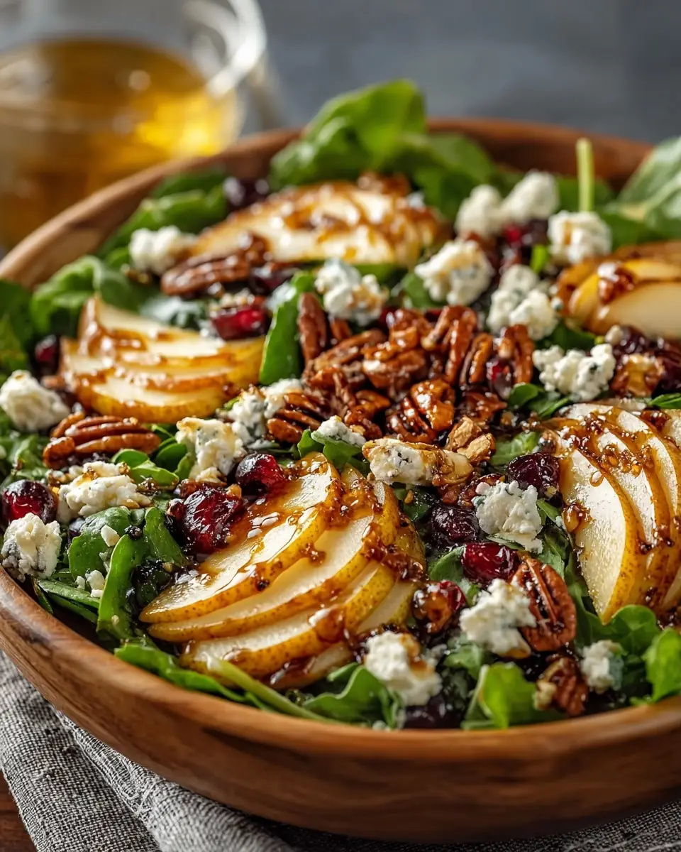 A delicious plate of Pear and Candied Pecan Salad with Balsamic Vinaigrette — A Sweet, Crunchy, and Refreshing Delight