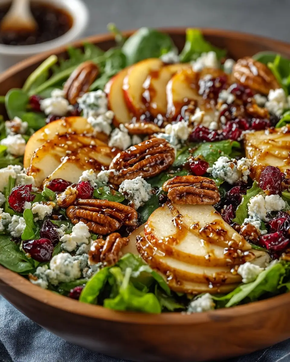 A delicious plate of Pear and Candied Pecan Salad with Balsamic Vinaigrette — A Sweet, Crunchy, and Refreshing Delight