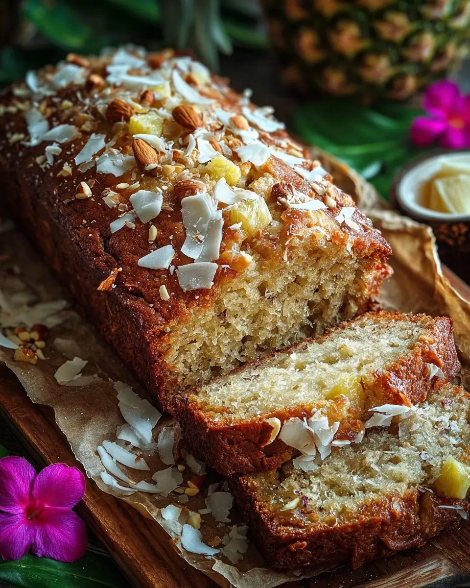 A delicious plate of Tropical Banana Pineapple Bread with Coconut and Nuts – A Moist Island-Inspired Classic