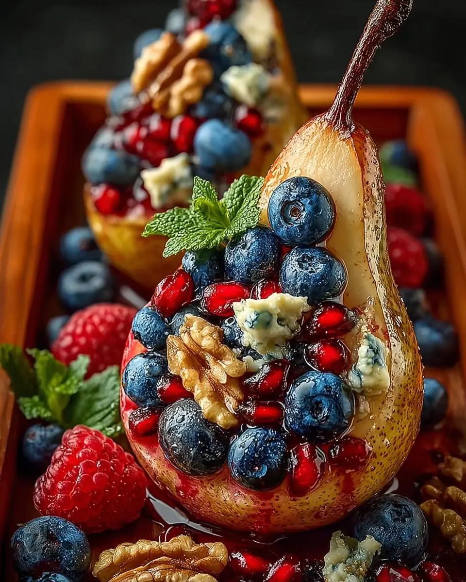 A delicious plate of Warm Baked Pear with Berries, Walnuts & Blue Cheese – A Cozy, Flavor-Rich Delight