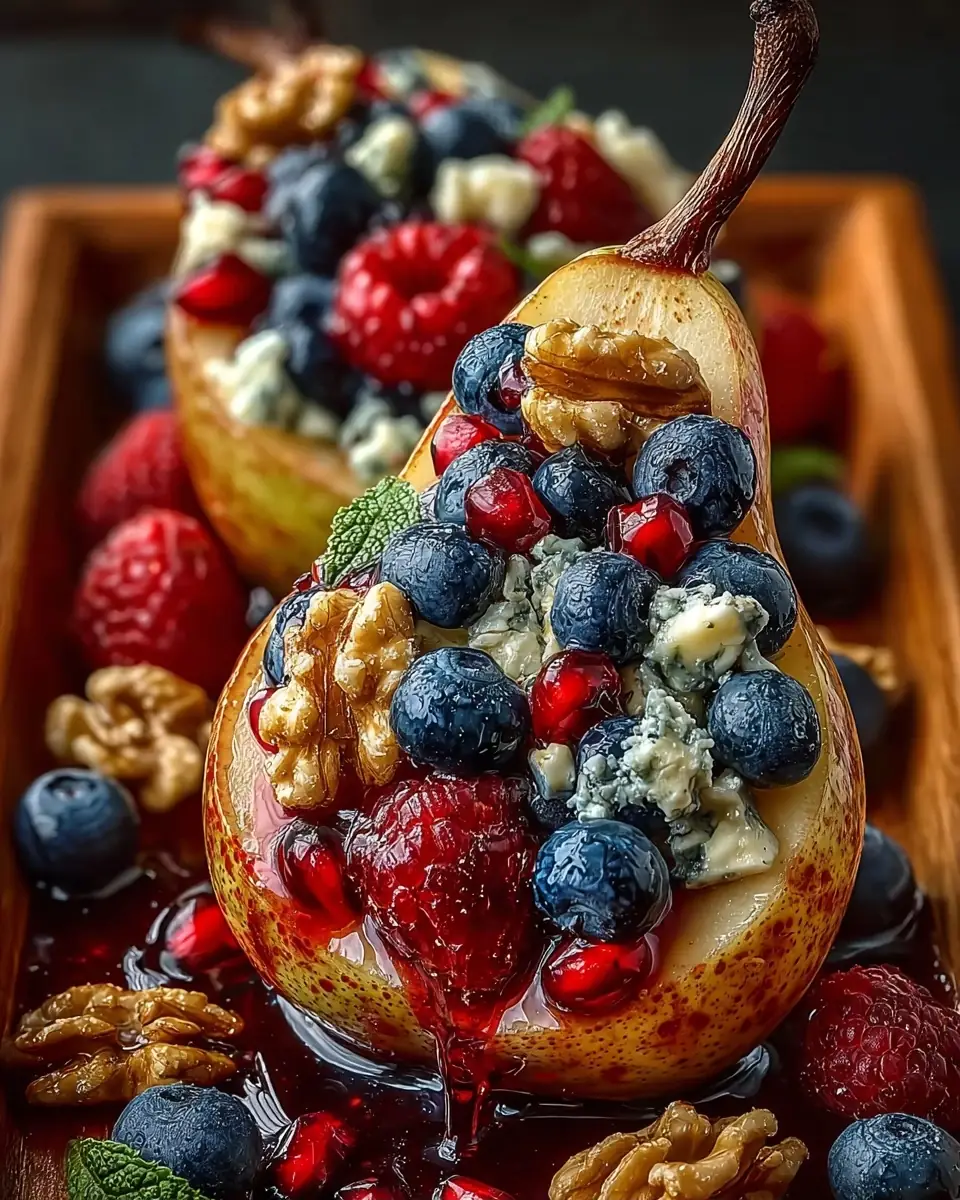 A delicious plate of Warm Baked Pear with Berries, Walnuts & Blue Cheese – A Cozy, Flavor-Rich Delight